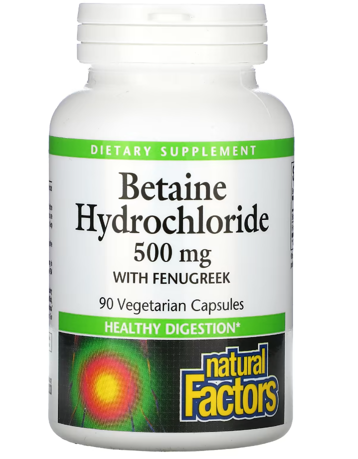 Natural Factors Betaine Hydrochloride (HCl) with Fenugreek 500 mg (Бетаина гидрохлорид) 90 вег кап (Natural Factors)