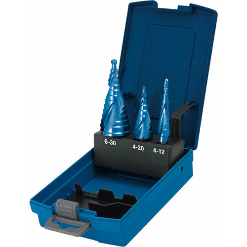 Набор ступенчатых сверл со спиралью с покрытием BLUE-DUR 3 зубца 22670₽