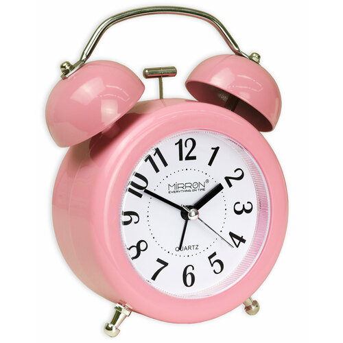 Круглый розовый будильник MIRRON 2827 БЖБ/ Для детской/ Для спальни/ будильник с колокольчиками / будильник в комнату для девочки/ диаметр 7,6