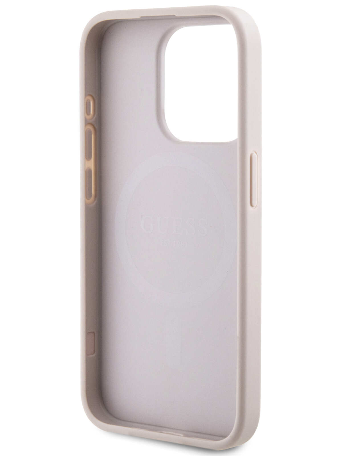 Guess для iPhone 15 Pro чехол PU 4G Colored ring Metal logo Hard Pink (MagSafe)