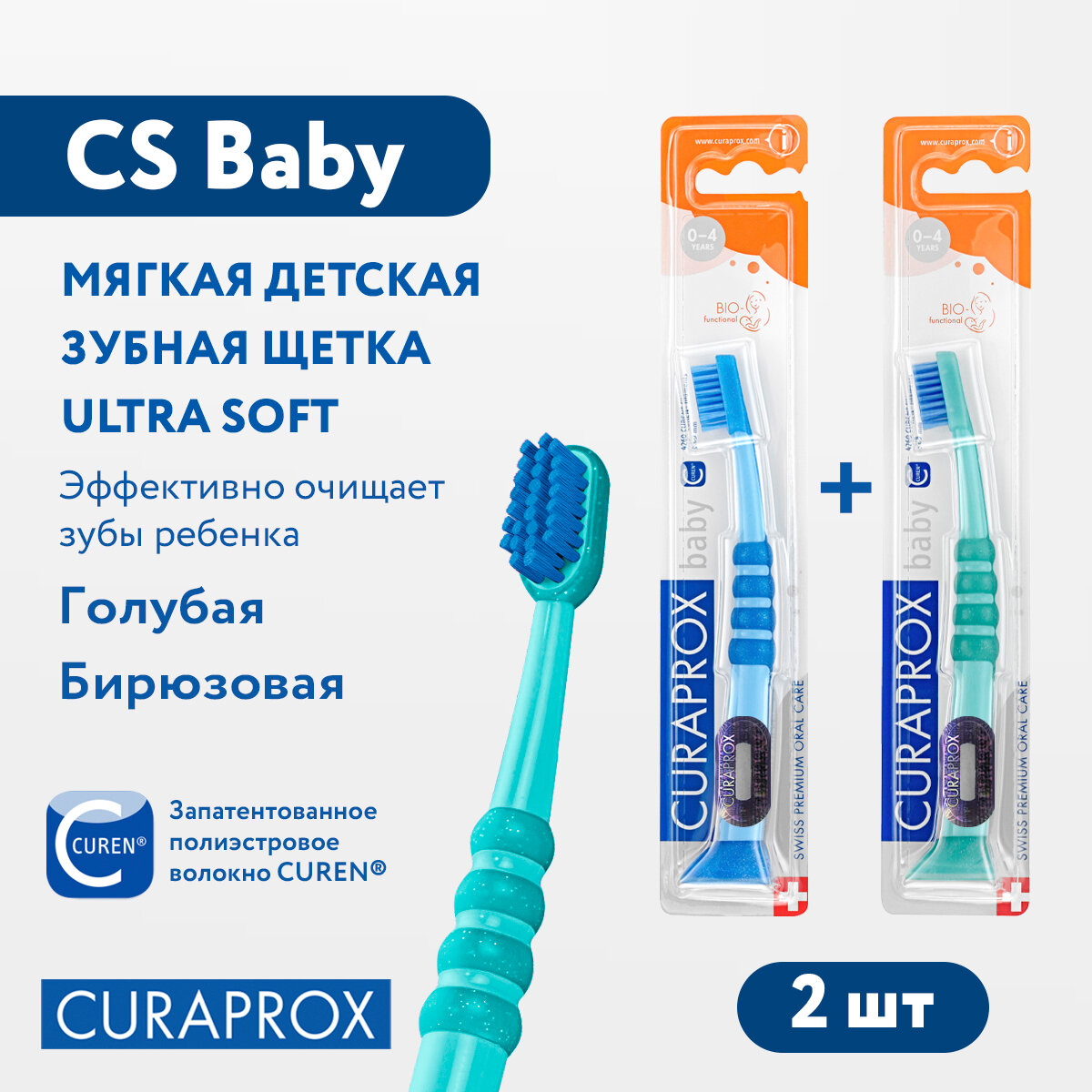 Набор детских зубных щеток Curaprox (2 шт.) c гуммированной ручкой серия Baby (голубая и бирюзовая)