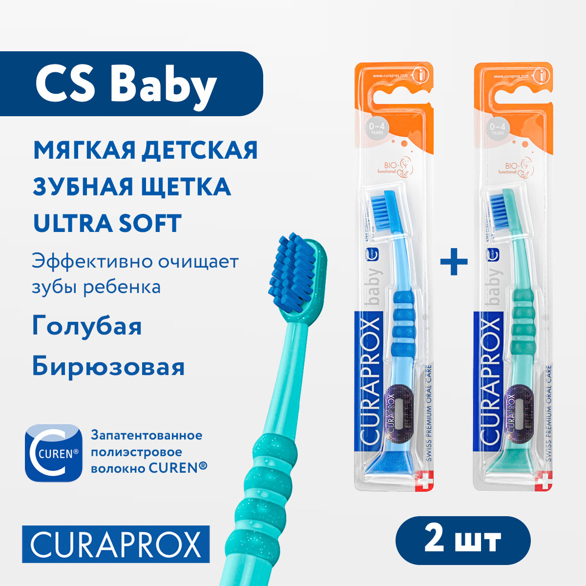 Набор детских зубных щеток Curaprox 2 шт c гуммированной ручкой серия Baby голубая и бирюзовая