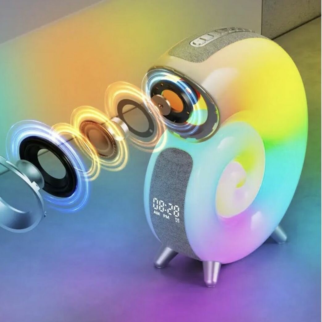 Беспроводная колонка Ракушка с RGB подсветкой / Светодиодный многоцветный ночник с будильником / Bluetooth динамик с часами