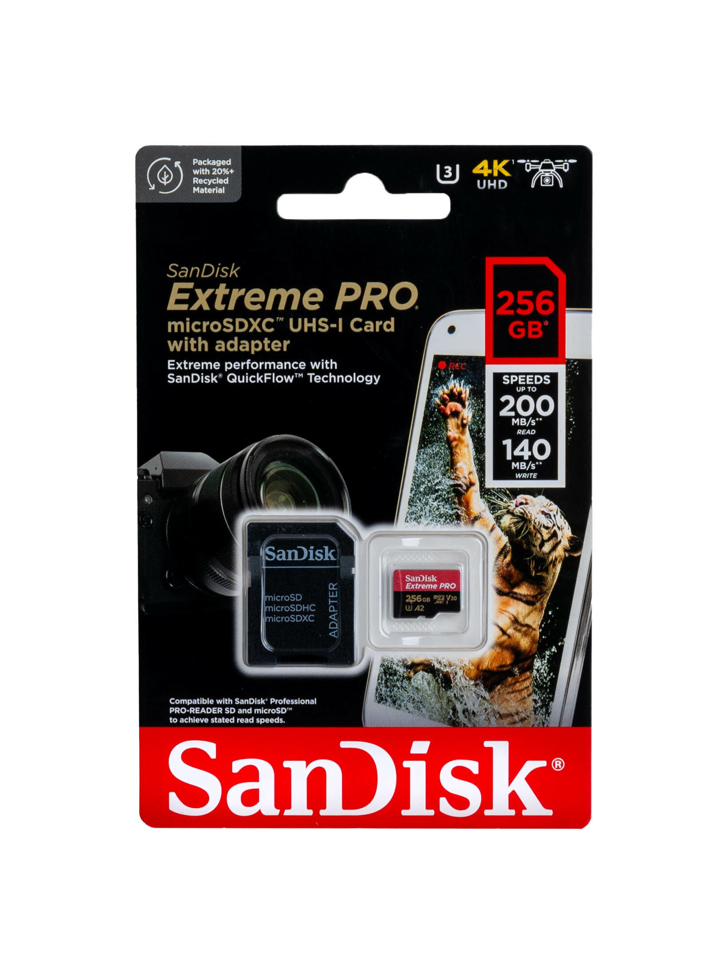 Карта памяти SanDisk Extreme PRO microSDXC 256 ГБ Class 10 UHS-I U3, V30, A2 (R/W 200/140 Mb/s) + SD адаптер