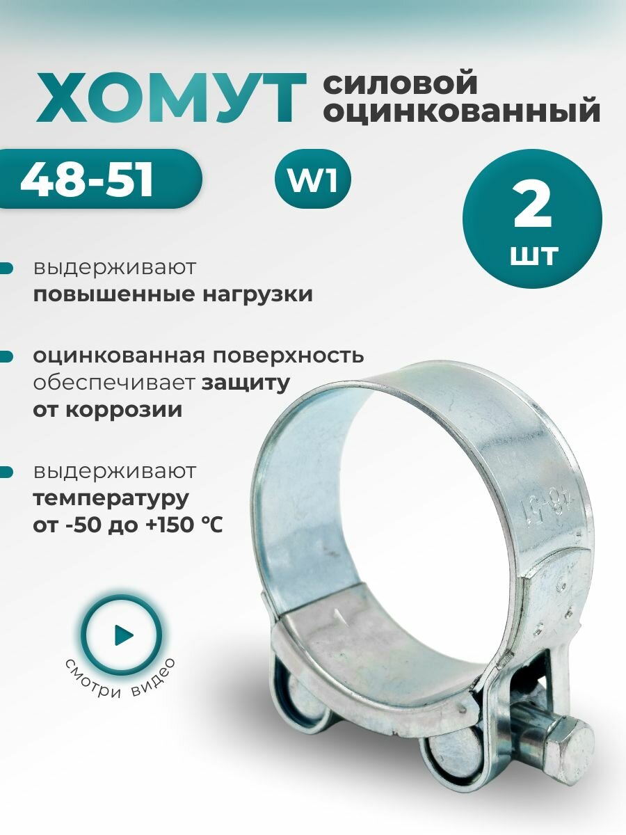 Хомут силовой одноболтовый шарнирный цинк W1 48-51мм 2шт