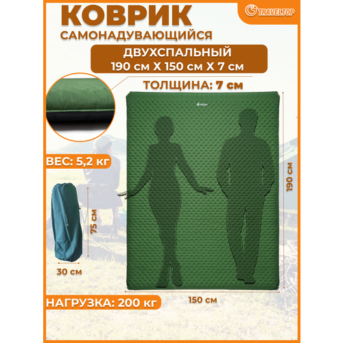 Коврик самонадувной, туристический, двухспальный, Traveltop 190х150х7см.