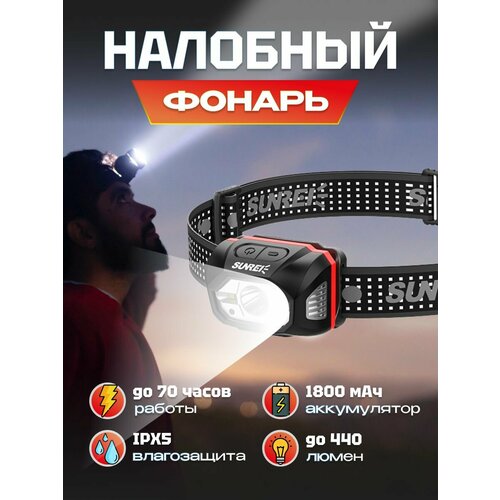 Фонарик налобный аккумуляторный Sunree MUYE1 Lightweight Sensor Headlamp 440 лм , с сенсором, 1800мАч, IPX5, 6500K, до 70 часов работы без подзарядки (MUYE1) красный