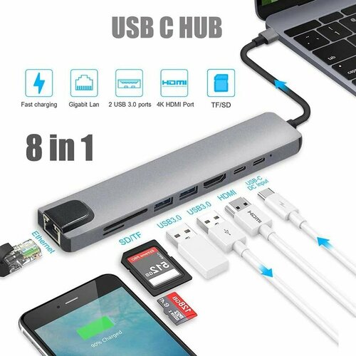 Разветвитель / Переходник USB type c HUB 8в1 / hdmi / хаб концентратор, SD Card, TF Card type c концентратор разветвитель хаб gsmin bl14 8 в 1 lan type c sd card tf card 3x usb 3 0 hdmi переходник конвертер адаптер серебристы