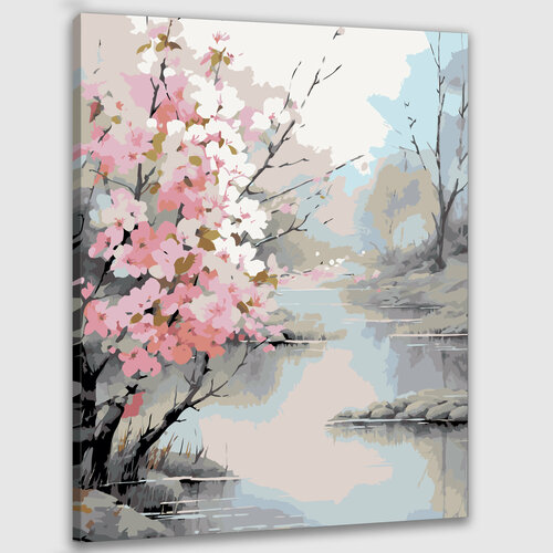 картина по номерам жпн цветущая сакура в горах раскраска 40x50 см сакура Картина по номерам 50х40 Красоты природы