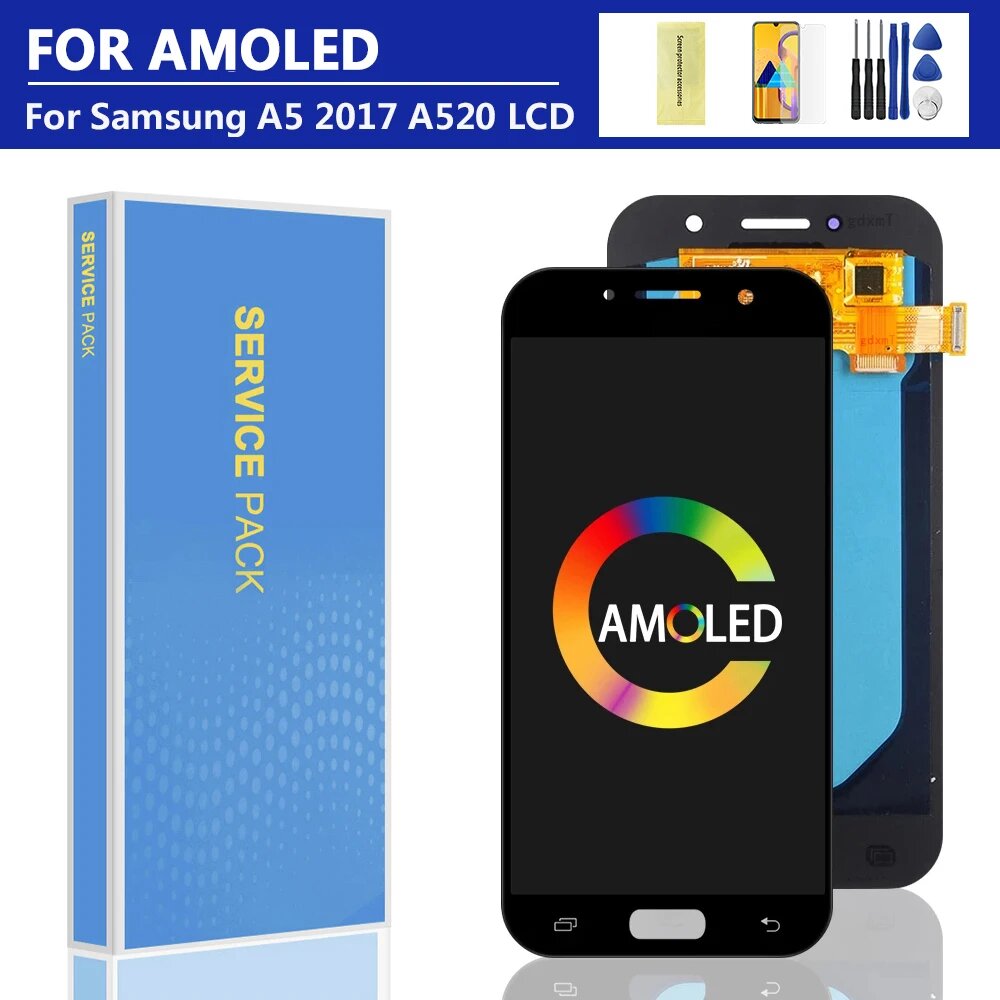 5,2 "для AMOLED ЖК-дисплея для SAMSUNG A5 2017 A520 A520F SM-A520F ЖК-дисплей с цифровым преобразователем сенсорного экрана в сборе протестировано, AMOLED Black