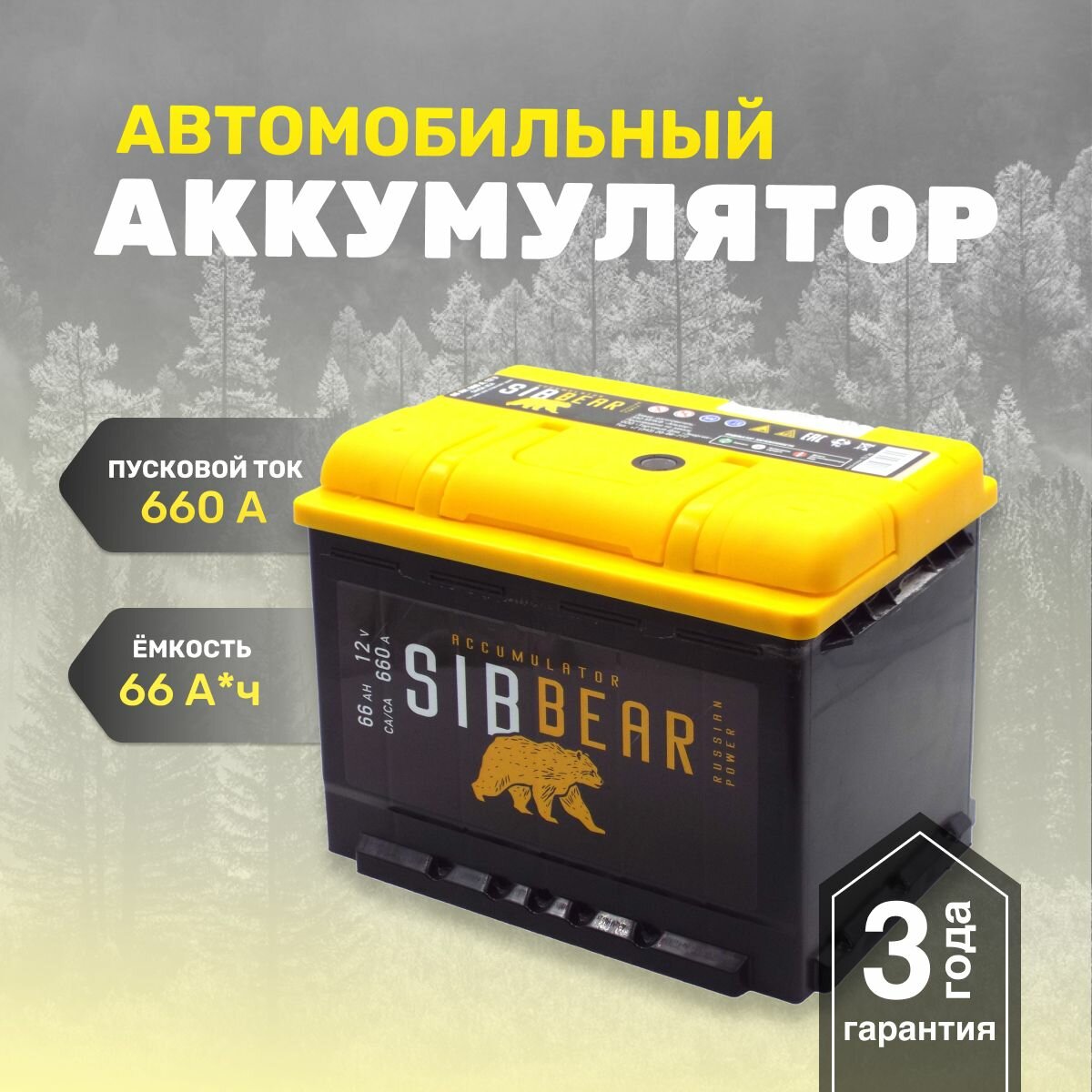 Аккумулятор для автомобилей АКБ для машины SIBBEAR 66 А*ч п. п. 242х175х190 Прямая полярность