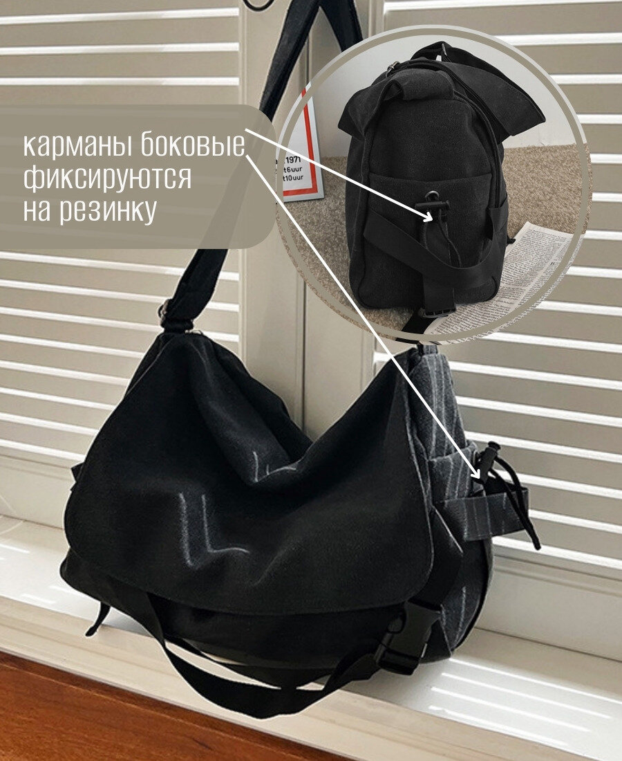 Сумка мессенджер  почтальонка холщовая, фактура зернистая, черный (32) — фото 1