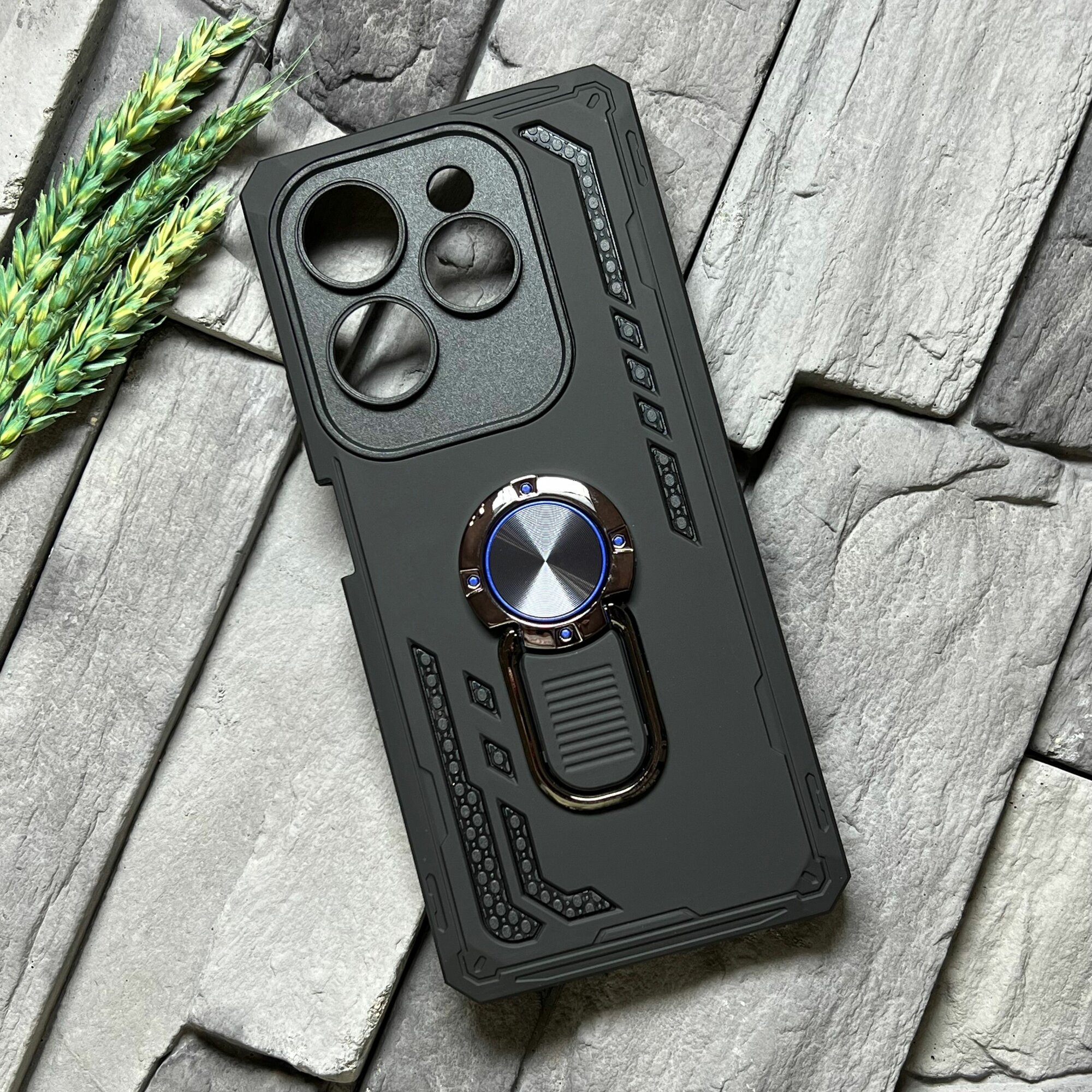 фото Чехол противоударный для Infinix Hot 40/Hot 40 Pro/Tecno Spark 20 Pro (Инфиникс Хот 40, Хот 40 Про/Техно Спарк 20 Про) с функцией подставки , с кольцом-держателем, ударопрочный, усиленный , черный (1)