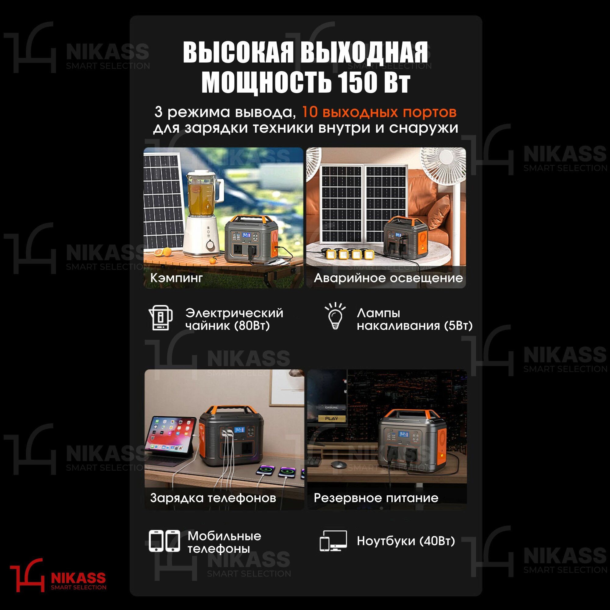 Портативная зарядная станция NIKASS 150Вт, 48000мА·ч, с розеткой, быстрая зарядка — фото 1