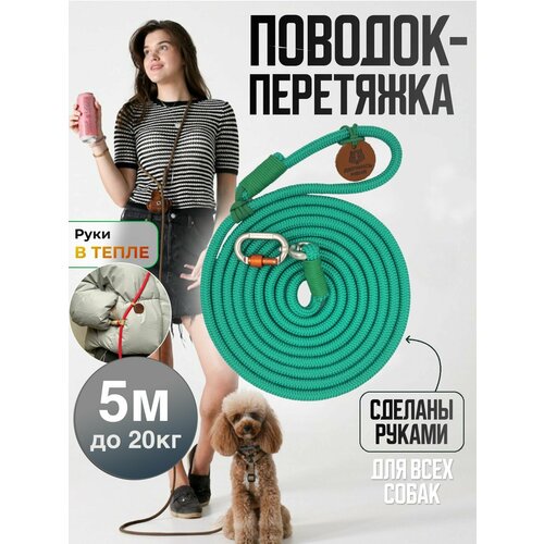 Поводок-перетяжка, для средних и больших собак (5-20 кг), 5 метров, зелёный
