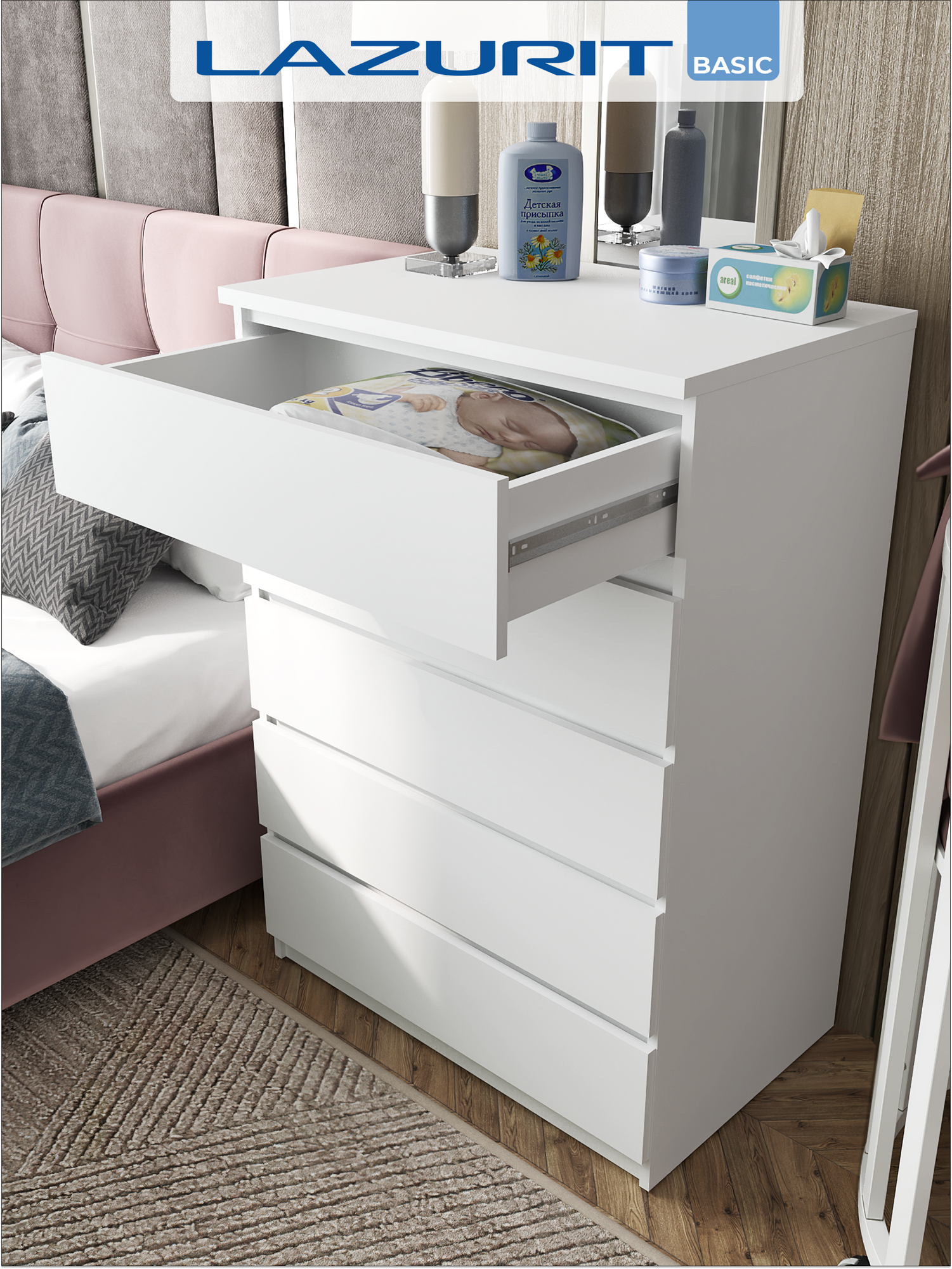 Комод для одежды большой белый Lazurit Ketrin для новорожденных высокий узкий под телевизор прихожую с ящиками 79х113х51