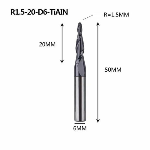 Dreanique конусная фреза по дереву (R1.5 L20 d6 покрытие TiAlN) P2BC-R1.5-20-H6 39827