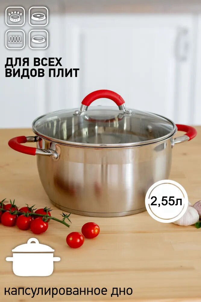 Кастрюля с крышкой ASTIX SSP-018255 из нержавеющей стали, для всех типов плит, объем 2,55 л