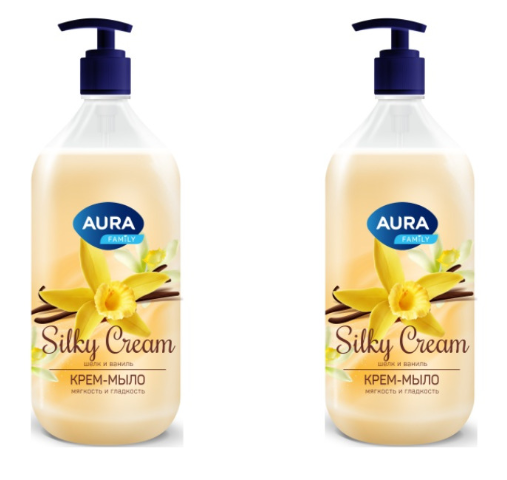 Крем-мыло Aura Silky Cream, шелк и ваниль, флакон, дозатор, 1000 мл. 2 шт.