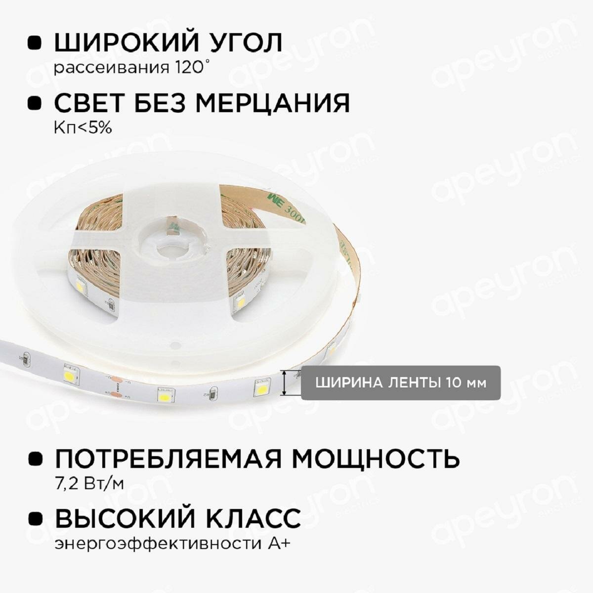 Комплект светодиодной подсветки, 12В, 5 м, холодный белый smd 5050, 30 led/м, IP23 Apeyron - фото №4