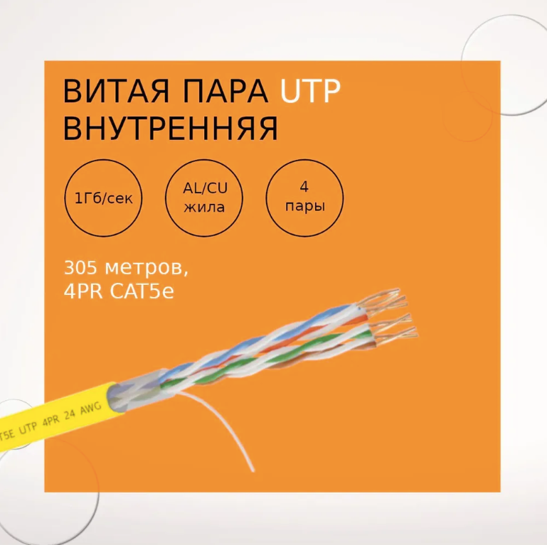 фото Кабель омедненный NetLink NL-CCA UTP 4PR 24 AWG CAT5е 305м внутренний желтый