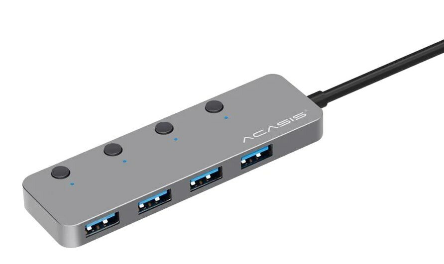 USB 3.0 Hub 4 port пассивный ACASIS HS080S (Al, серебристый, c отдельными выкл, питание micro-USB, кабель 0.3м)