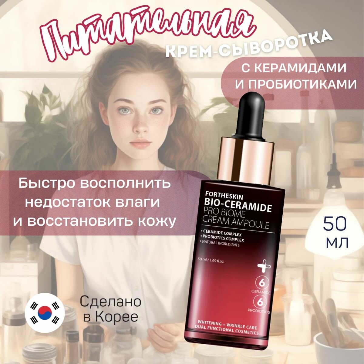 Крем-сыворотка для лица с керамидами - Fortheskin Bio Ceramide Pro Biome Cream Ampoule, 50 мл