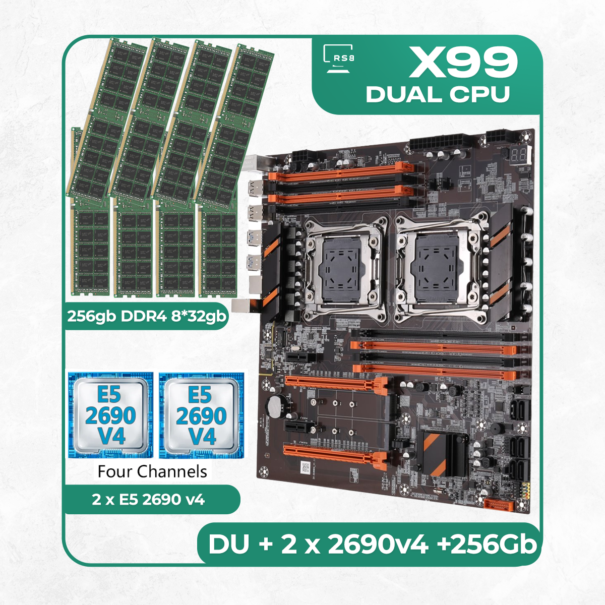 Комплект материнской платы X99: ZX-DU99D4 + 2 x Xeon E5 2690v4 + DDR4 256Гб 8х32Гб