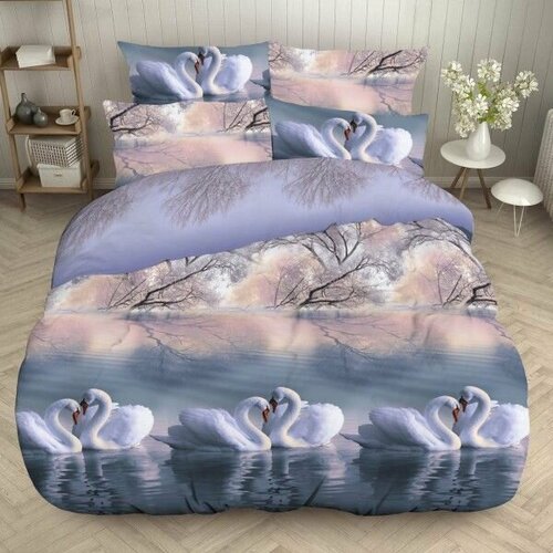Постельное белье 2х спальное с Евро простыней бязь хлопок Лебединая верность