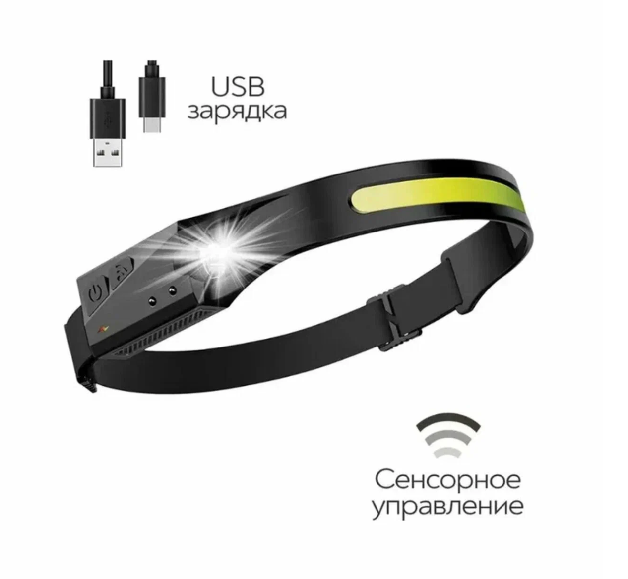 Фонарик налобный аккумуляторный светодиодный FA-XL200 (гибкая COB панель + боковой светодиод, датчик движения, водонепроницаемый, зарядка USB) — фото 1