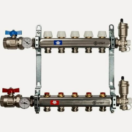 Изображение товара Коллектор STOUT с запорными клапанами, в сборе без расходомеров, 5 вых.