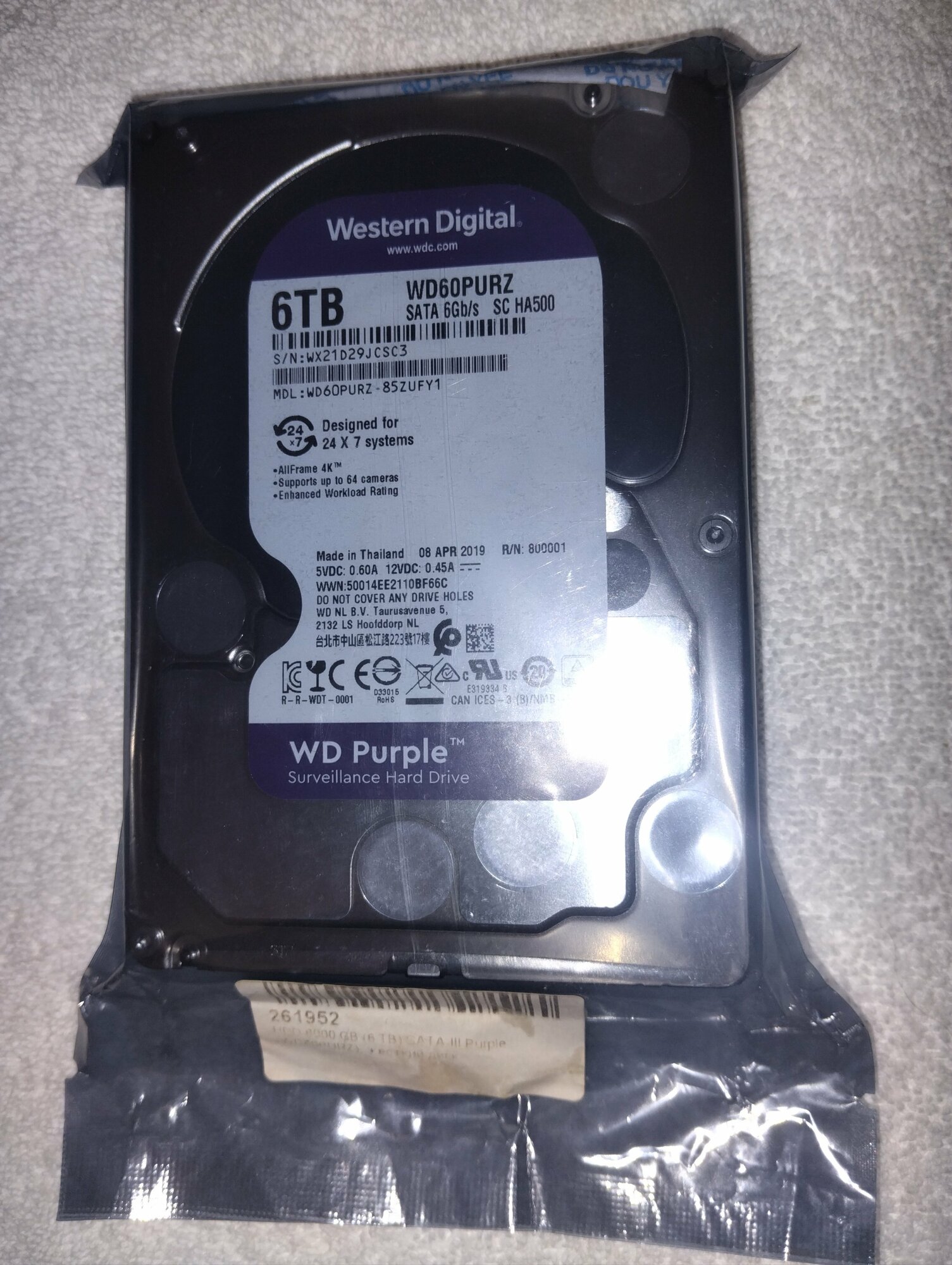 Жесткий диск Western Digital WD Purple 6 ТБ WD60PURZ (Ориг, Тайланд).