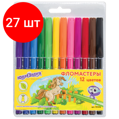 Комплект 27 шт, Фломастеры юнландия 12 цветов, уроки рисования, вентилируемый колпачок, ПВХ, 151416