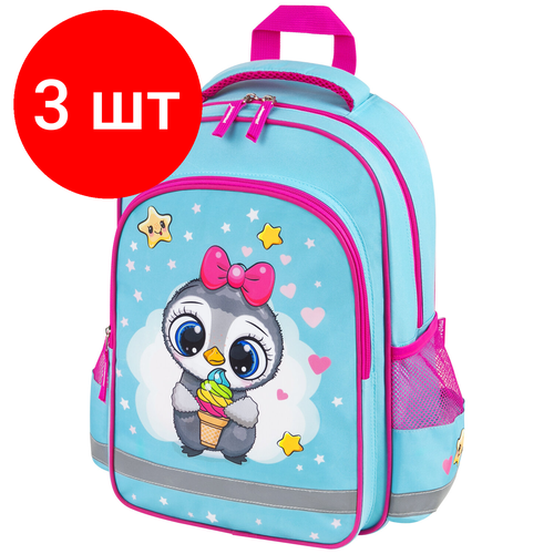 фото Комплект 3 шт, рюкзак пифагор school, 1 отделение, 3 кармана, "smart penguin", 38x28х14 см, 271403