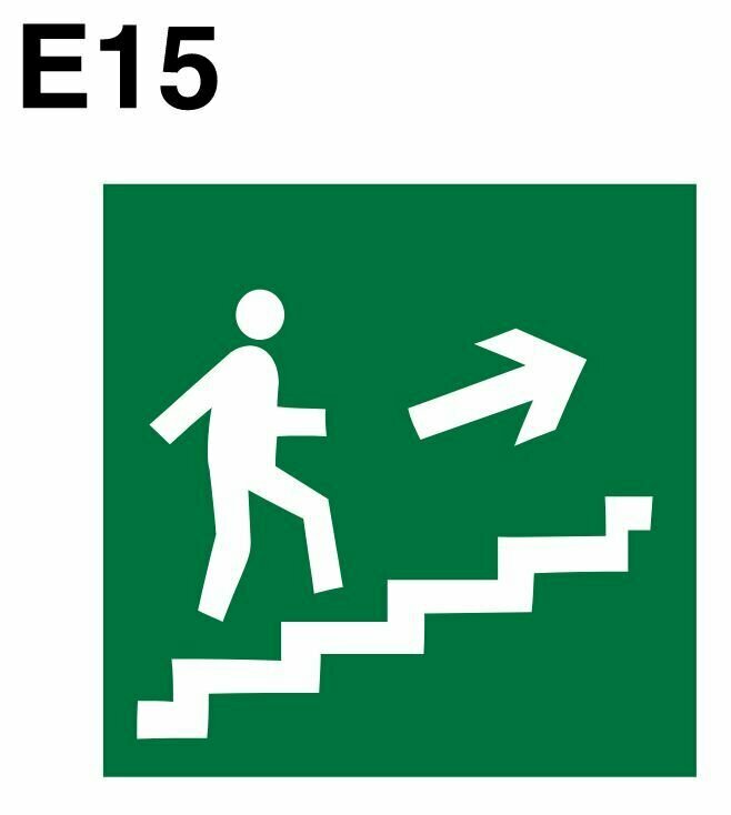 Эвакуационный знак. Е15 направление к эвакуационному выходу по лестнице вверх направо ГОСТ 12.4.026-2015