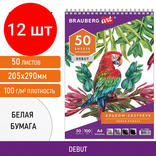 Комплект 12 шт, Скетчбук, белая бумага 100 г/м2, 205х290 мм, 50 л, гребень, жёсткая подложка, BRAUBERG ART DEBUT, 110983