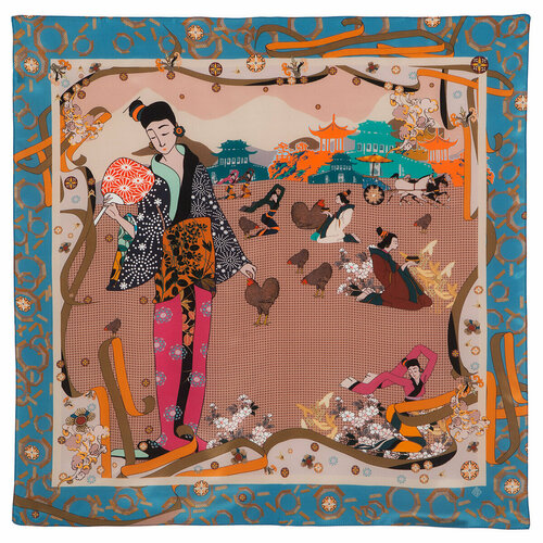 фото Платок павловопосадская платочная мануфактура,89х89 см, голубой, коричневый