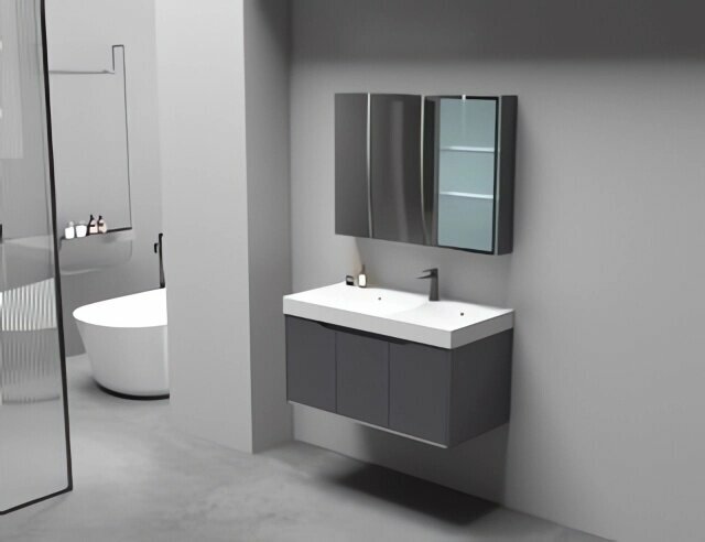 Мебель для ванной Ceruttispa подвесная, с зеркальным шкафом, с двойной раковиной, темно-серый - фото №6