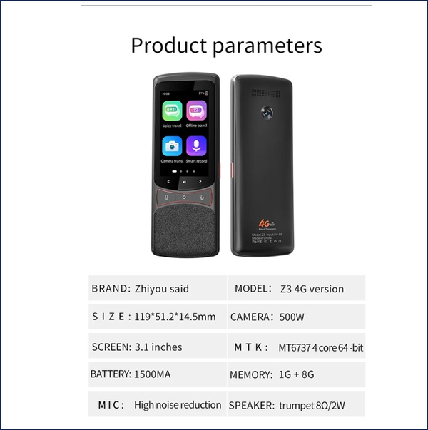 Карманный электронный переводчик 4G , онлайн -офлайн , голосовой переводчик текста TRANSLATOR Z3