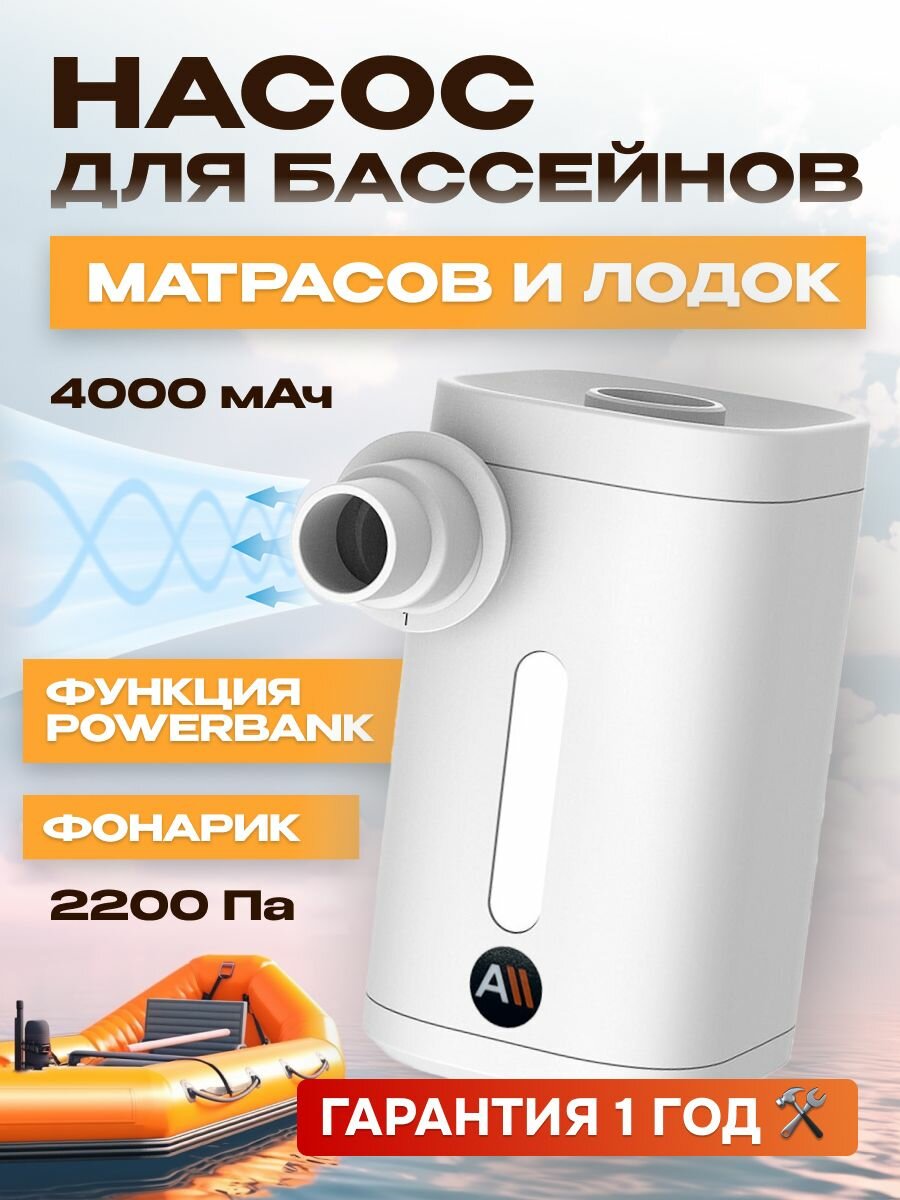 фото Электронасос для бассейнов, матрасов, шаров для йоги, 2200 Па, 4000 мАч, c функцией фонарика (AVA-AIR-005) белый