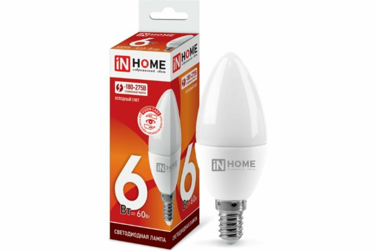 Светодиодная лампа 6Вт Е14 6500К LED-СВЕЧА-VC IN HOME 1шт