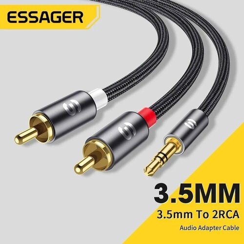 Акустический кабель Hi-Fi Essager miniJack 3.5mm (3pin)- 2x RCA (тюльпаны) медный сердечник нейлон, серый 5 метров