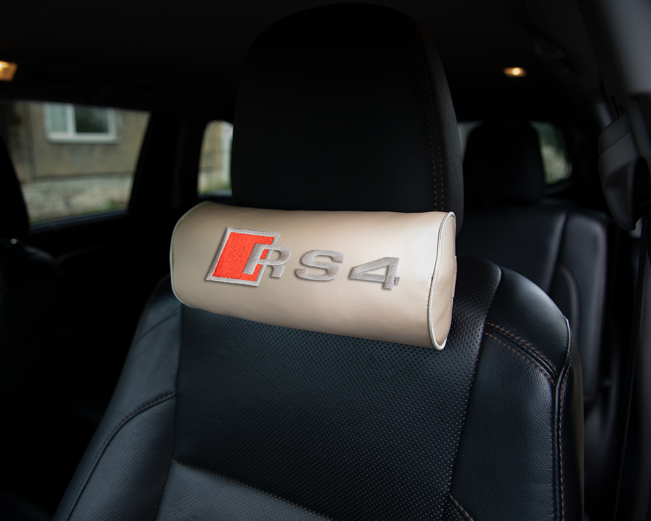 Автомобильная подушка-валик на подголовник экокожа Beige c вышивкой AUDI RS4
