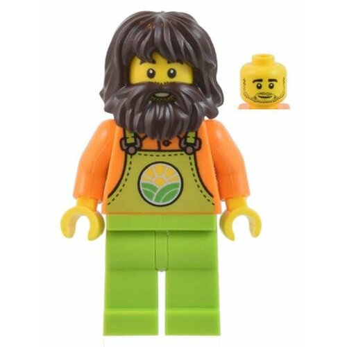 Минифигурка Лего Lego cty1442 Farmer - Male, Lime Overalls over Orange Shirt, Lime Legs, Dark Brown Shaggy Hair and Beard минифигурка lego city jungle explorer female dark orange shirt with green strap dark blue legs reddish brown ponytail cty0791