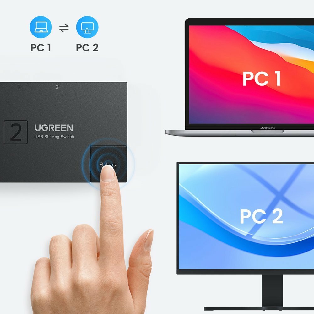 Переключатель UGREEN 15149_ USB 3.0 Sharing Switcher 2 In 1 Out, черный - фото №7