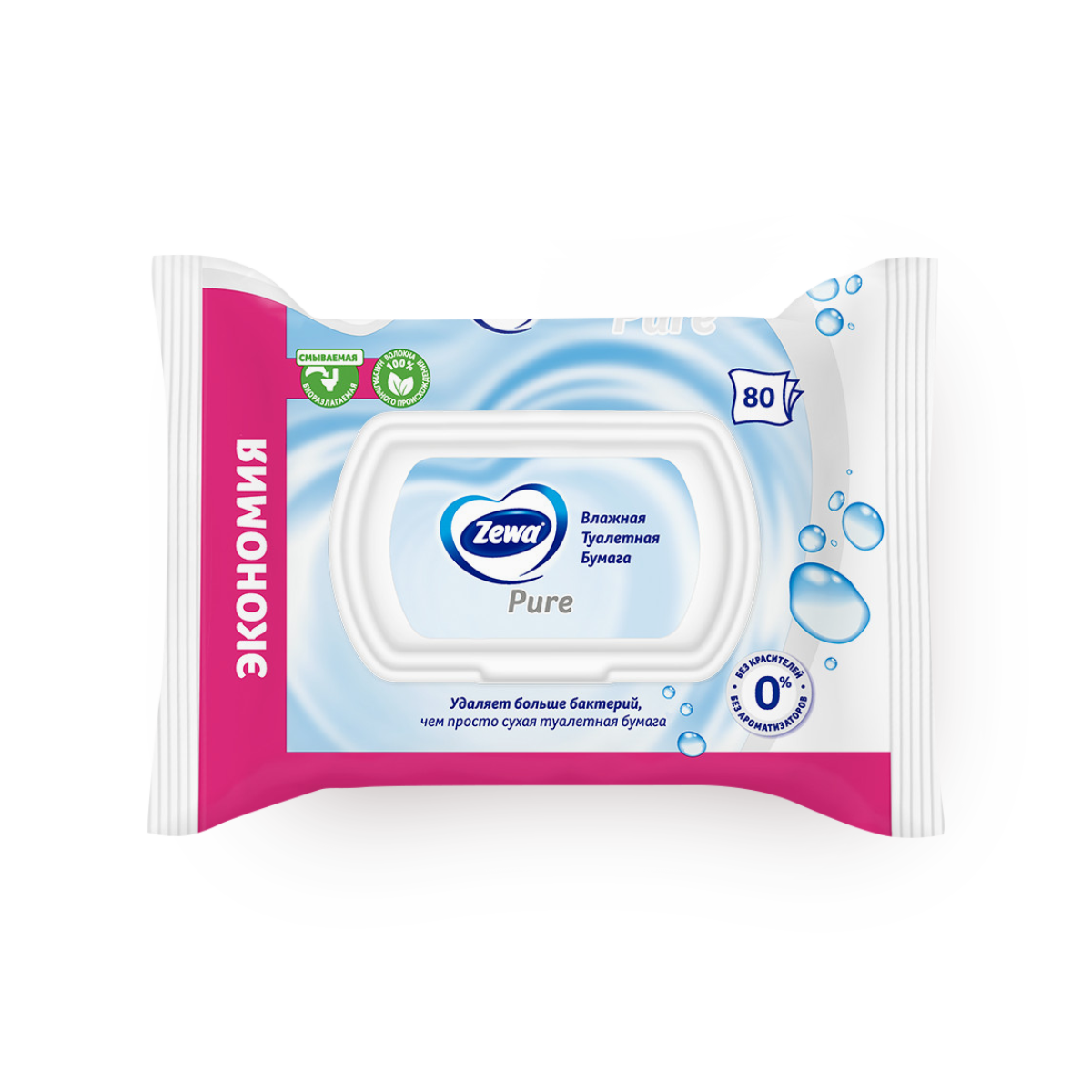 Влажная туалетная бумага Zewa Pure, без запаха, 80 листов, белая