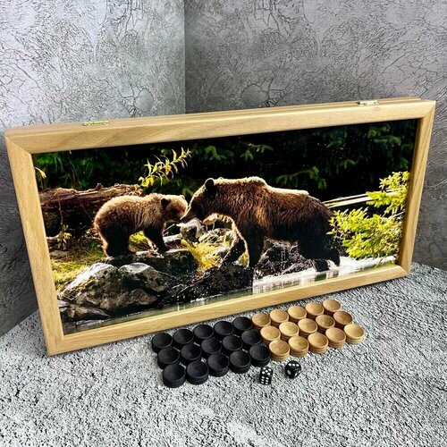 Нарды деревянные, печать Медведи на рыбалке, 50 см, бук