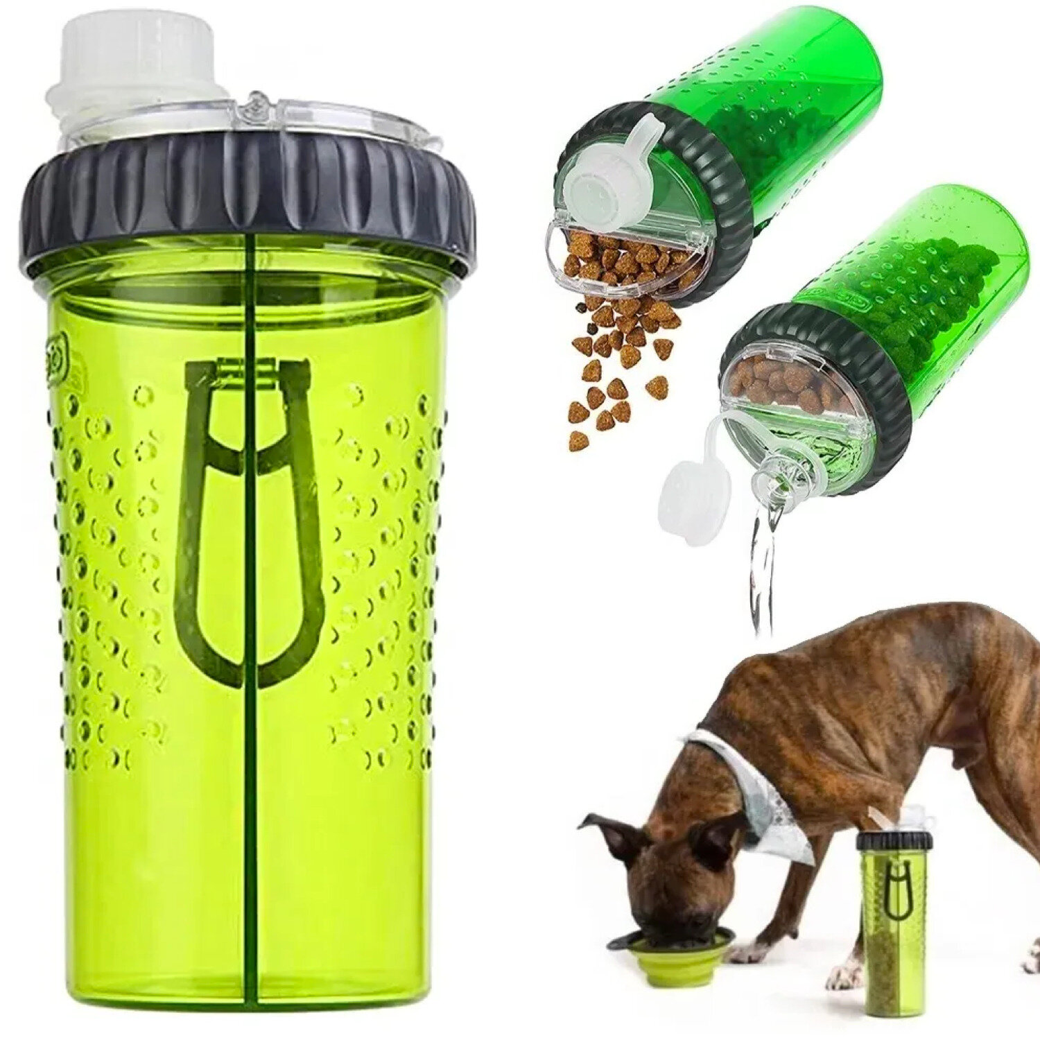 фото Супер удобная Бутылка двойная для воды и корма прозрачная/ цвет синяя, зеленая