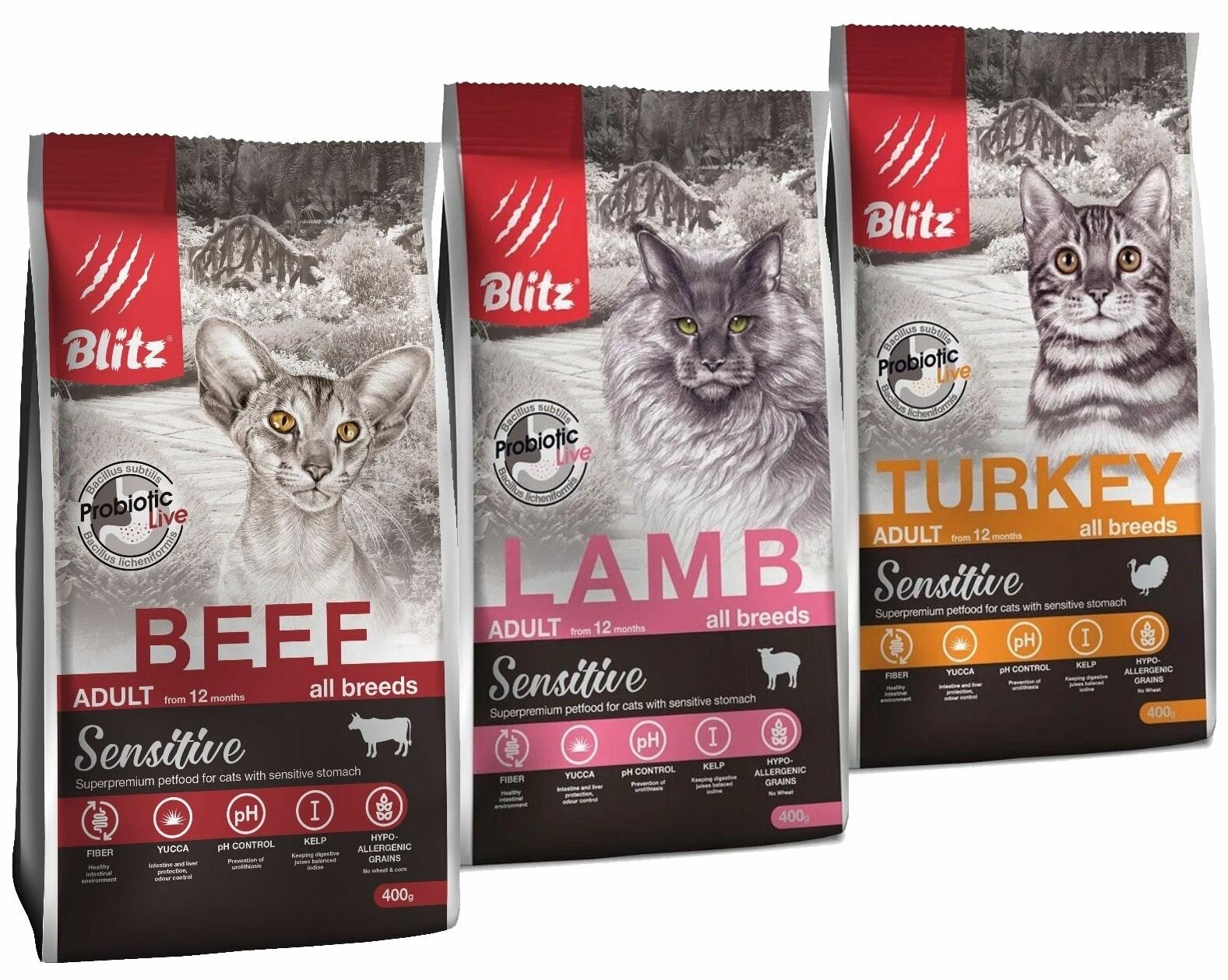 Корм сухой BLITZ Sensitive Adult Cats 400г( 3 шт) для взрослых кошек (индейка, ягненок, говядина ) полнорационный