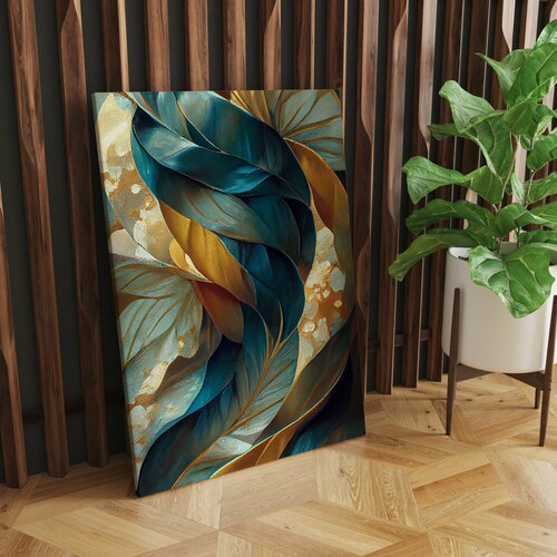 Интерьерная картина на натуральном холсте - Сине-золотое переплетение, 50 х 75 см.